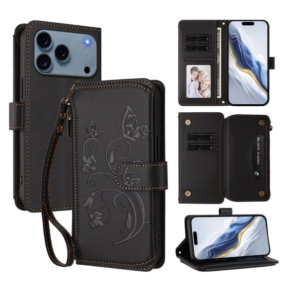 Dteck Wallet Crossbody Strap Case for iPhone 17 Pro Max,Magnetic Leather+TPU Card Slots Zipper Wallet Case Shockproof Kickstand Cover with Detachable Wrist Strap / Shoulder Strap,Black