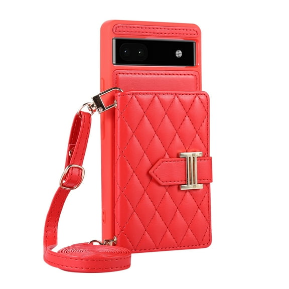 Dteck Wallet Crossbody for Google Pixel 7 Pro Case with Lanyard Wrist Strap Credit Card Holder, PU Leather Protective Phone Case with Ring Holder,Red