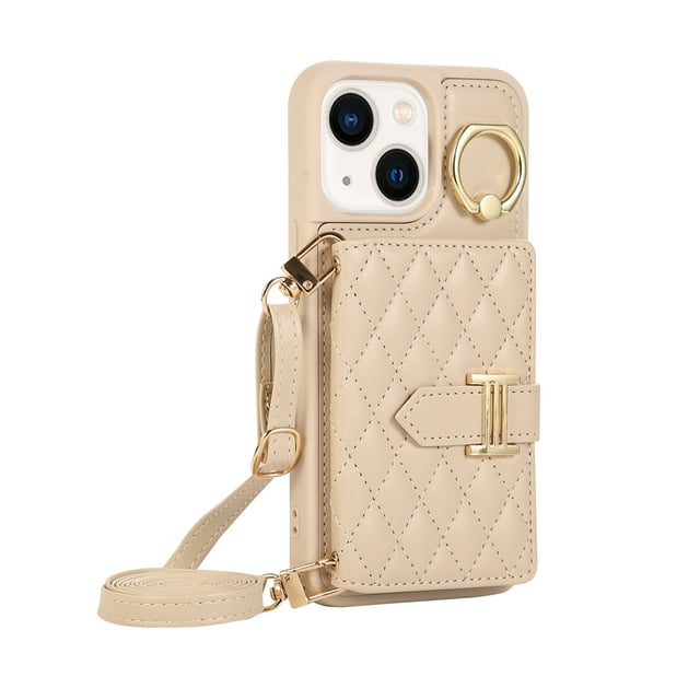 Dteck Wallet Crossbody for iPhone 13 Case with Lanyard Wrist Strap Credit Card Holder, PU Leather Protective Phone Case with Ring Holder,Beige