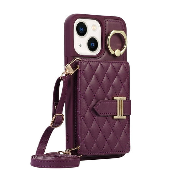 Dteck Wallet Crossbody for iPhone 15 Case with Lanyard Wrist Strap Credit Card Holder, PU Leather Protective Phone Case with Ring Holder,Deep Purple