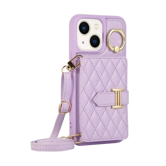 Dteck Wallet Crossbody for iPhone 15 Plus Case with Lanyard Wrist Strap Credit Card Holder, PU Leather Protective Phone Case with Ring Holder,Purple