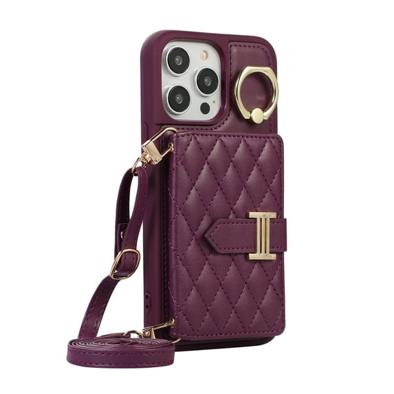 Dteck Wallet Crossbody for iPhone 11 Pro Case with Lanyard Wrist Strap Credit Card Holder, PU Leather Protective Phone Case with Ring Holder,Deep Purple