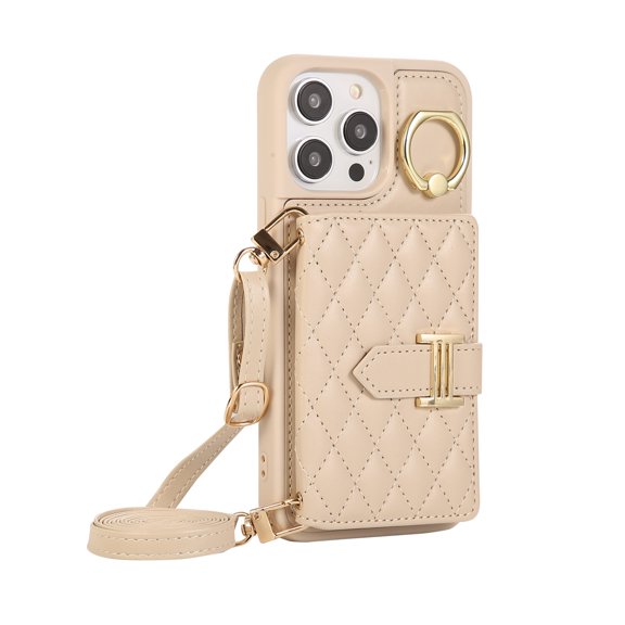 Dteck Wallet Crossbody for iPhone 14 Pro Max Case with Lanyard Wrist Strap Credit Card Holder, PU Leather Protective Phone Case with Ring Holder,Beige