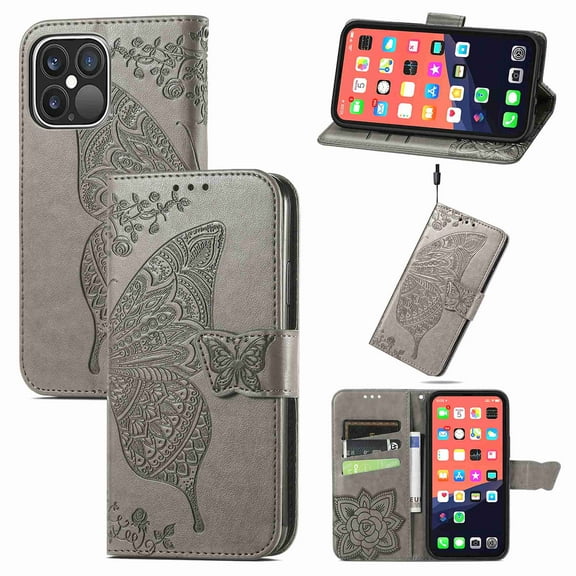 Dteck Wallet Embossed Case For Apple iPhone 13 Pro Max, Magnetic [Built-in Credit Card Slots] Flip Folio PU Leather Cover Case with Flower Butterfly Pattern,gray