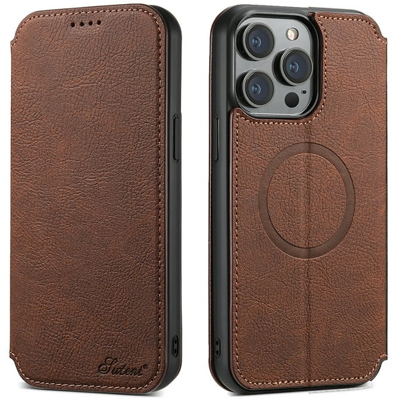 Dteck Wallet Folio iPhone 14 Pro Case, Drop Protection Compatible with MagSafe Magnetic Flip Folio Cover Made with Premium PU Leather Flip Stand Wallet Cash & Card Holder Cover, Brown
