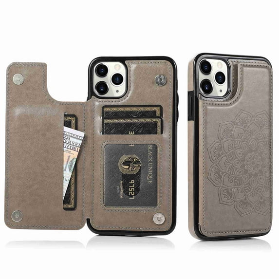 Dteck Wallet For iPhone 11 with Card Holder, Embossed Mandala Pattern Flower Premium PU Leather Double Magnetic Buttons Flip Shockproof Protective Case, gray