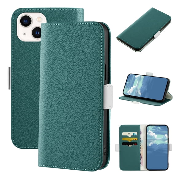 Dteck Wallet Phone Case for Apple iPhone 14 (6.1 inch),Magnetic Folio Flip Holder Card Slots Candy Color Lychee Texture PU Leather Full Protection Protective Cover,Green