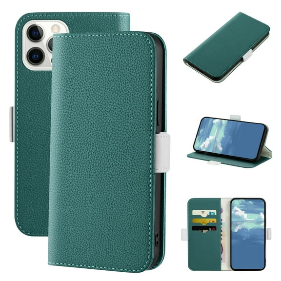 Dteck Wallet Phone Case for Apple iPhone 14 Pro Max 6.7 inch,Magnetic Folio Flip Holder Card Slots Candy Color Lychee Texture PU Leather Full Protection Protective Cover,Green