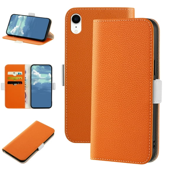 Dteck Wallet Phone Case for Apple iPhone XR 6.1 inch,Magnetic Folio Flip Holder Card Slots Candy Color Leather Full Protection Protective Cover,Orange