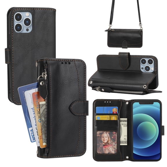 Dteck Wallet Phone Case Compatible for iPhone X,iPhone XS,with Crossbody Strap Credit Card Holder Slot Magnetic Flip Kickstand Luxury Leather Protective Cover,Black