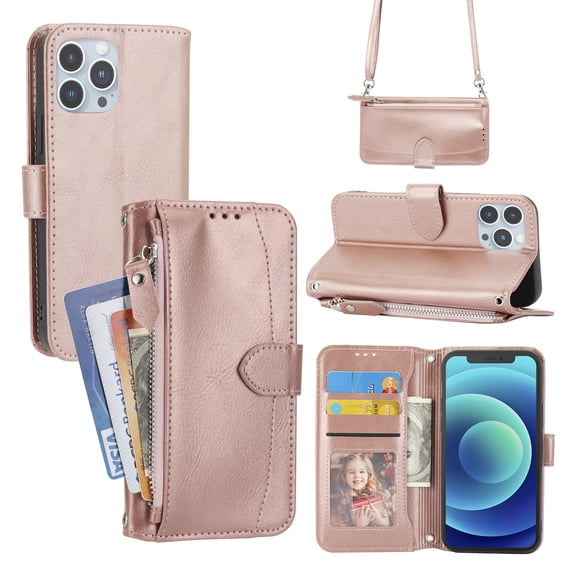 Dteck Wallet Phone Case Compatible for iPhone X,iPhone XS,with Crossbody Strap Credit Card Holder Slot Magnetic Flip Kickstand Luxury Leather Protective Cover,Rosegold