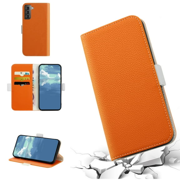Dteck Wallet Phone Case for Samsung Galaxy S21 FE 5G 6.4",Magnetic Folio Flip Holder Card Slots Candy Color Leather Full Protection Protective Cover,Orange