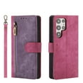 thumbnail image 1 of Dteck Wallet Phone Case for Samsung Galaxy S22 Ultra, RFID Blocking Credit Card Slots Holder Zipper Wallet with Wristband Lanyard Flip Folio Cover, Rose+Purple, 1 of 11