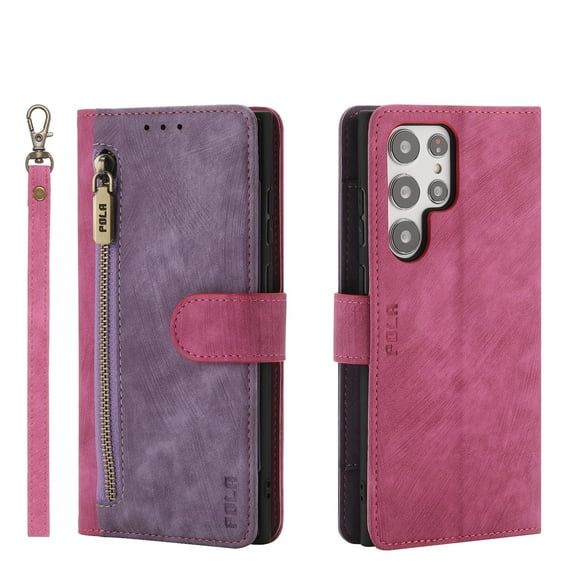 Dteck Wallet Phone Case for Samsung Galaxy S22 Ultra, RFID Blocking Credit Card Slots Holder Zipper Wallet with Wristband Lanyard Flip Folio Cover, Rose+Purple