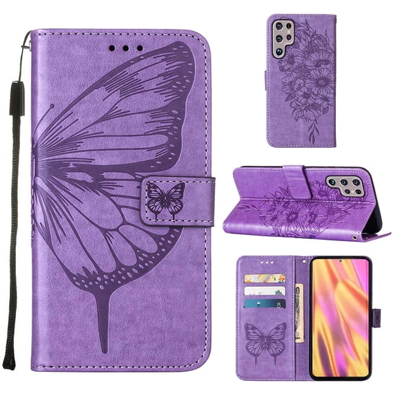 Dteck Wallet Phone Case for Samsung Galaxy S23 Ultra, Magnetic PU Leather Butterfly Embossed Wrist Strap Card Slots Pocket Kickstand Flip Cover for Samsung Galaxy S23 Ultra, Lightpurple