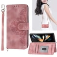 thumbnail image 1 of Dteck Wallet Phone Case for Samsung Galaxy Z Fold3, Galaxy Z Fold3 Case with Card Slots Wrist Lanyard Shoulder Strap, Embossed PU Leather Shockproof Folio Flip Stand Case for Samsung Z Fold3 5G,Pink, 1 of 7