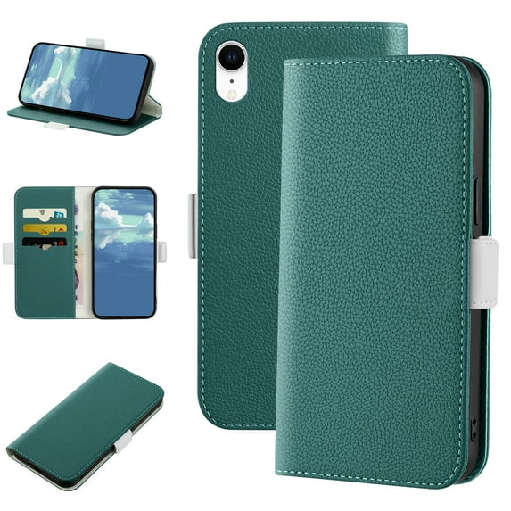 Dteck Wallet Phone Case for Apple iPhone XR 6.1 inch,Magnetic Folio Flip Holder Card Slots Candy Color Leather Full Protection Protective Cover,Green