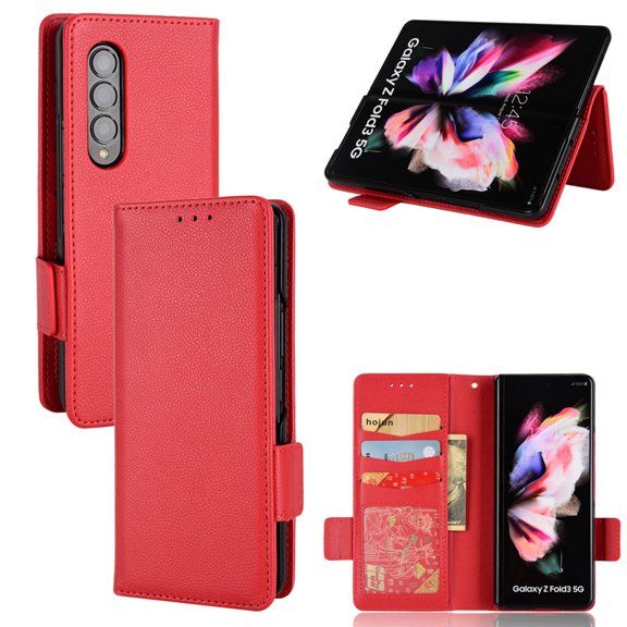 Dteck Wallet Phone Case for Samsung Galaxy Z Fold3 5G, 3 Card Slots Holder Wallet PU Leather Magnetic Closure Folio Flip Cover,Red