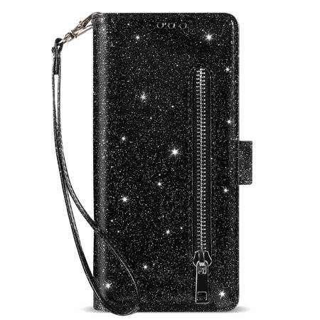 Dteck Wallet Phone Case for Samsung Galaxy Z Fold8 Ultra, Glitter PU Leather Lanyard Credit Card Holder Zipper Pocket Protective Cover,Black