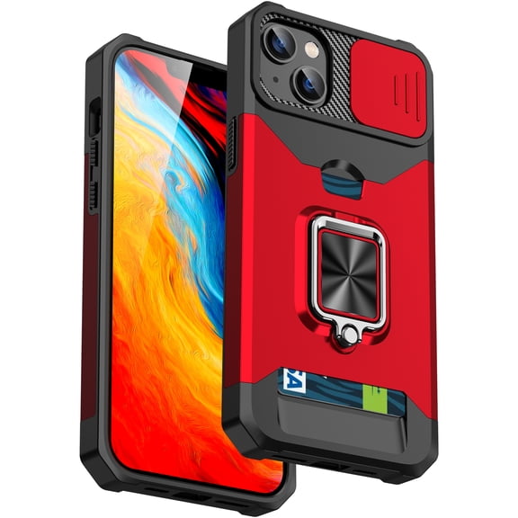 Dteck Wallet Phone Case for iPhone 14 Plus 6.7 inch with Slide Protection Cover and Card Holder Hard Ring Stand Slot Slim Cell Accessories Women Men Black, Red