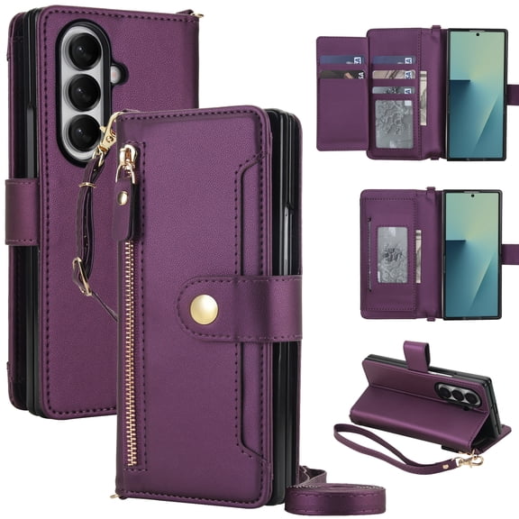 Dteck Wallet Phone Case with Card Slots, Zipper Pocket and Adjustable Strap for Samsung Galaxy Z Fold 7,Dark Purple