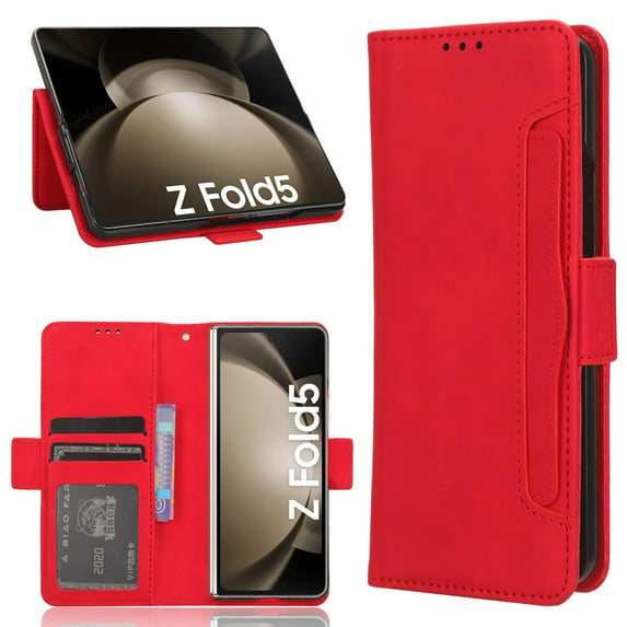 Dteck Wallet Pocket Case for Samsung Galaxy Z Fold 5 5G, Magnetic Premium PU Leather with Kickstand Detachable Card Slot Protective Phone Case Cover for Galaxy Z Fold 5 2023, Red