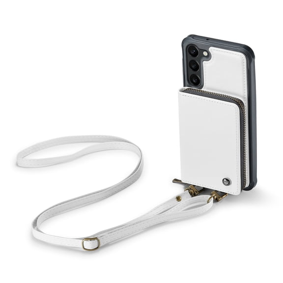 Dteck Wallet for Samsung Galaxy S23 Case, RFID Blocking Credit Card Slots Zipper Pocket PU Leather Protective Phone Case with Shoulder Lanyard Wristlet Strap for Samsung S23 5G 6.1 Inch,White