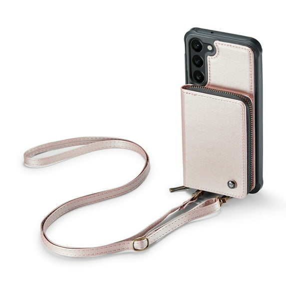 Dteck Wallet for Samsung Galaxy S23 Plus Case, RFID Blocking Credit Card Slots Zipper Pocket PU Leather Protective Phone Case with Shoulder Lanyard Wristlet Strap for Samsung S23+ 5G 6.6 Inch,Rosegold