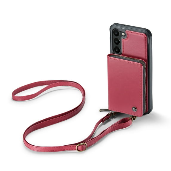 Dteck Wallet for Samsung Galaxy S23 Plus Case, RFID Blocking Credit Card Slots Zipper Pocket PU Leather Protective Phone Case with Shoulder Lanyard Wristlet Strap for Samsung S23+ 5G 6.6 Inch,Red