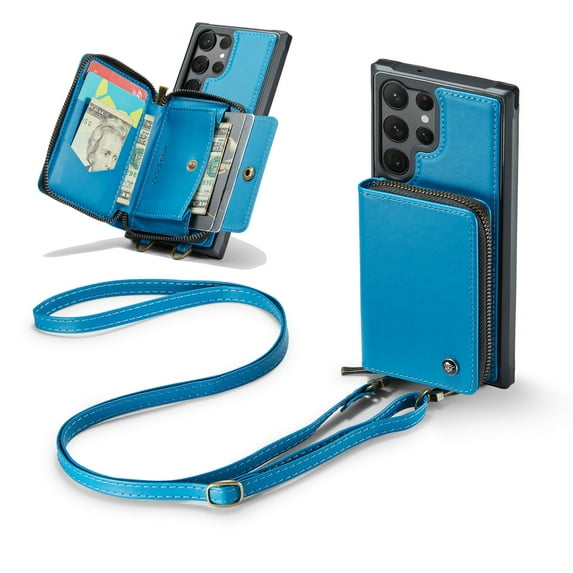 Dteck Wallet for Samsung Galaxy S23 Ultra Case, RFID Blocking Credit Card Slots Zipper Pocket PU Leather Protective Phone Case with Shoulder Lanyard Wristlet Strap for Samsung S23 Ultra 6.8 Inch,Blue