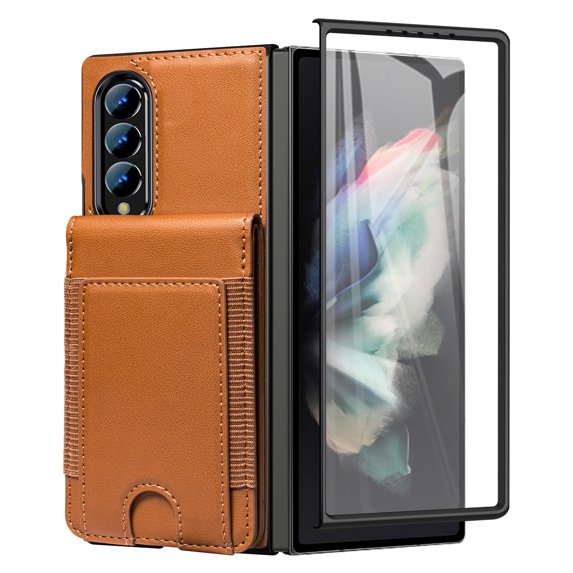 Dteck Wallet for Samsung Galaxy Z Fold 3 Case with Built-in Glass Screen Protector, Soft PU Leather Card Holder Flip Kickstand Protective Case for Z Fold 3 5G,Brown