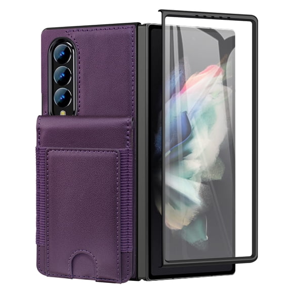 Dteck Wallet for Samsung Galaxy Z Fold 3 Case with Built-in Glass Screen Protector, Soft PU Leather Card Holder Flip Kickstand Protective Case for Z Fold 3 5G,Deep Purple
