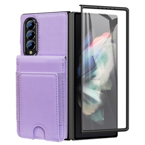 Dteck Wallet for Samsung Galaxy Z Fold 3 Case with Built-in Glass Screen Protector, Soft PU Leather Card Holder Flip Kickstand Protective Case for Z Fold 3 5G,Purple
