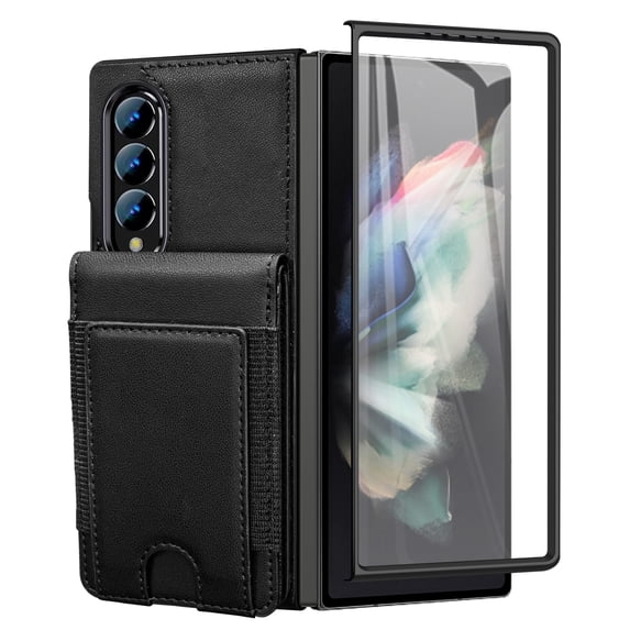 Dteck Wallet for Samsung Galaxy Z Fold 4 Case with Built-in Glass Screen Protector, Soft PU Leather Card Holder Flip Kickstand Protective Case for Z Fold 4 5G,Black