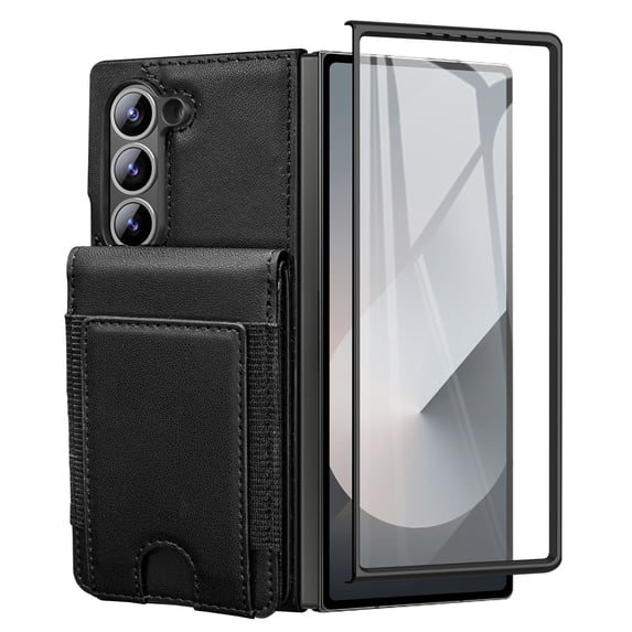 Dteck Wallet for Samsung Galaxy Z Fold 5 Case with Built-in Glass Screen Protector, Soft PU Leather Card Holder Flip Kickstand Protective Case for Z Fold 5 5G,Black