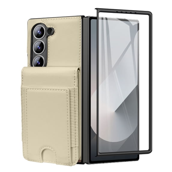 Dteck Wallet for Samsung Galaxy Z Fold 7 Case with Built-in Glass Screen Protector, Soft PU Leather Card Holder Flip Kickstand Protective Case for Z Fold 7,Beige