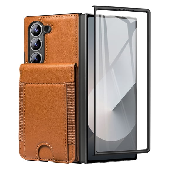Dteck Wallet for Samsung Galaxy Z Fold 7 Case with Built-in Glass Screen Protector, Soft PU Leather Card Holder Flip Kickstand Protective Case for Z Fold 7,Brown