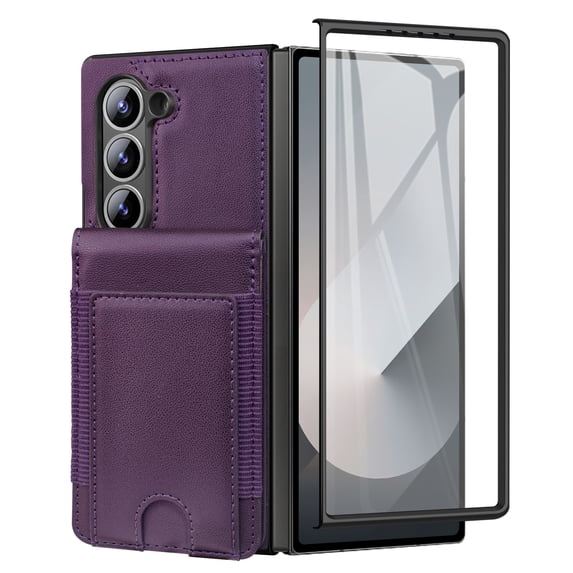 Dteck Wallet for Samsung Galaxy Z Fold 7 Case with Built-in Glass Screen Protector, Soft PU Leather Card Holder Flip Kickstand Protective Case for Z Fold 7,Deep Purple