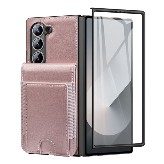 Dteck Wallet for Samsung Galaxy Z Fold 7 Case with Built-in Glass Screen Protector, Soft PU Leather Card Holder Flip Kickstand Protective Case for Z Fold 7,Rosegold