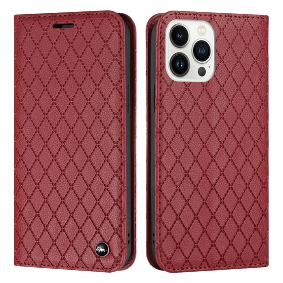 Dteck Wallet case for iPhone 13 Pro Max, Argyle Pattern PU Leather Wallet case with Kickstand RFID Blocking Card Slots Magnetic Closure Shockproof Case For iPhone 13 Pro Max,Red