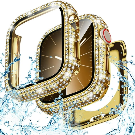 Dteck Waterproof Bling Diamond Case for Apple Watch Series 6/5/4/SE 44mm with Screen Protector, 2 in 1 Glitter Rhinestone Face Cover with Back for iWatch Series 6/5/4/SE 44mm,Gold