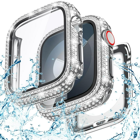 Dteck Waterproof Bling Diamond Case for Apple Watch Series 9/8/7 41mm with Screen Protector, 2 in 1 Glitter Rhinestone Face Cover with Back for iWatch Series 9/8/7 41mm,Silver