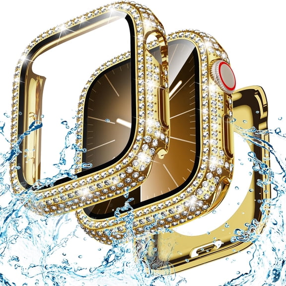 Dteck Waterproof Bling Diamond Case for Apple Watch Series 9/8/7 45mm with Screen Protector, 2 in 1 Glitter Rhinestone Face Cover with Back for iWatch Series 9/8/7 45mm,Gold