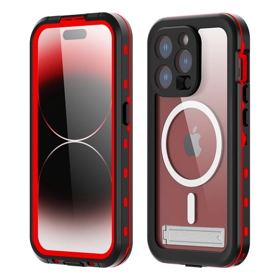 Dteck Waterproof Case with Universal Kickstand for iPhone 14 Pro,Shockporof IP68 Waterproof Case Magnetic Compatible with MagSafe Full Body Protection Cover,Red
