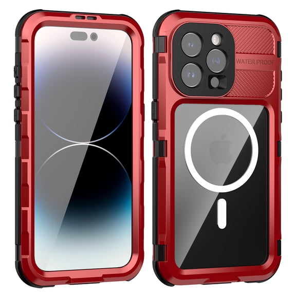 Dteck Waterproof Case for iPhone 15 Pro,Shockproof Aluminum Alloy Built-in Screen Protector IP68 Underwater Case Military Dropproof Mag Safe Full-Body Protection Clear Back Cover,Red