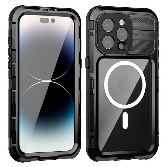 Dteck Waterproof Case for iPhone 15 Pro,Shockproof Aluminum Alloy Built-in Screen Protector IP68 Underwater Case Military Dropproof Mag Safe Full-Body Protection Clear Back Cover,Black
