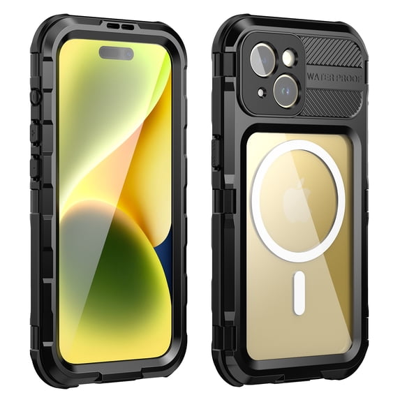 Dteck Waterproof Case for iPhone 15,Shockproof Aluminum Alloy Built-in Screen Protector IP68 Underwater Case Military Dropproof Mag Safe Full-Body Protection Clear Back Cover,Black
