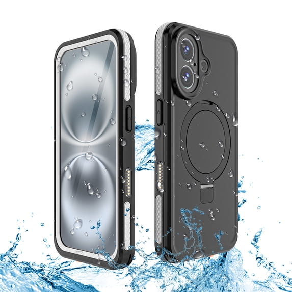 Dteck Waterproof Case for iPhone 16 Plus,Shockproof IP68 Underwater Case Compatible with Mag Safe Cover Built-in Ring Invisible Stand Full Body Protection Case for iPhone 16 Plus,Gray