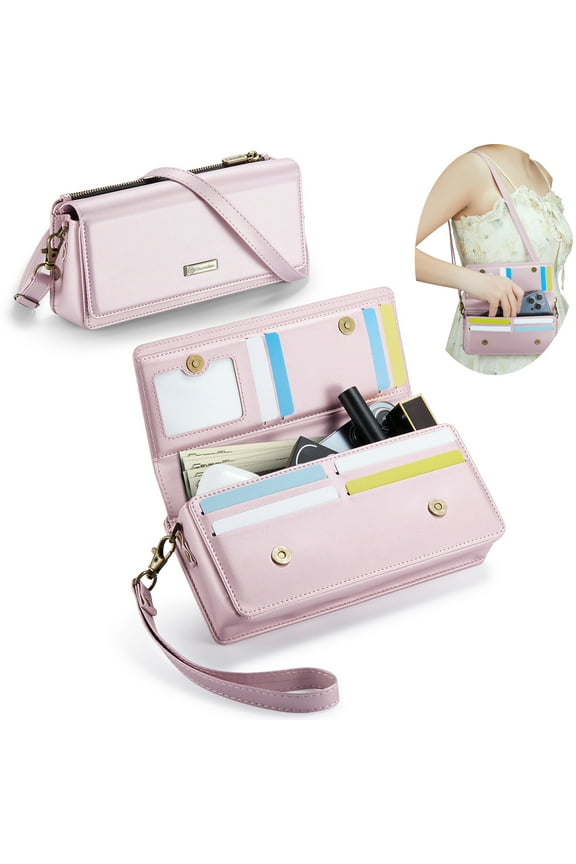 Women Crossbody Phone Wallet RFID Blocking Multi Card Slots with Zipper Pocket Detachable Wristlet & Shoulder Strap,Pink