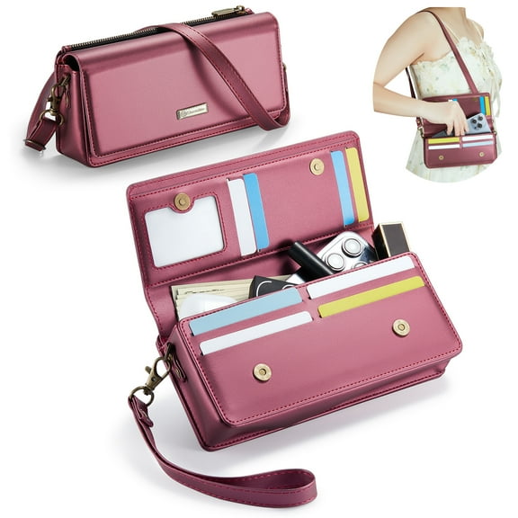 Dteck Women Crossbody Phone Wallet RFID Blocking Multi Card Slots with Zipper Pocket Detachable Wristlet & Shoulder Strap,Red